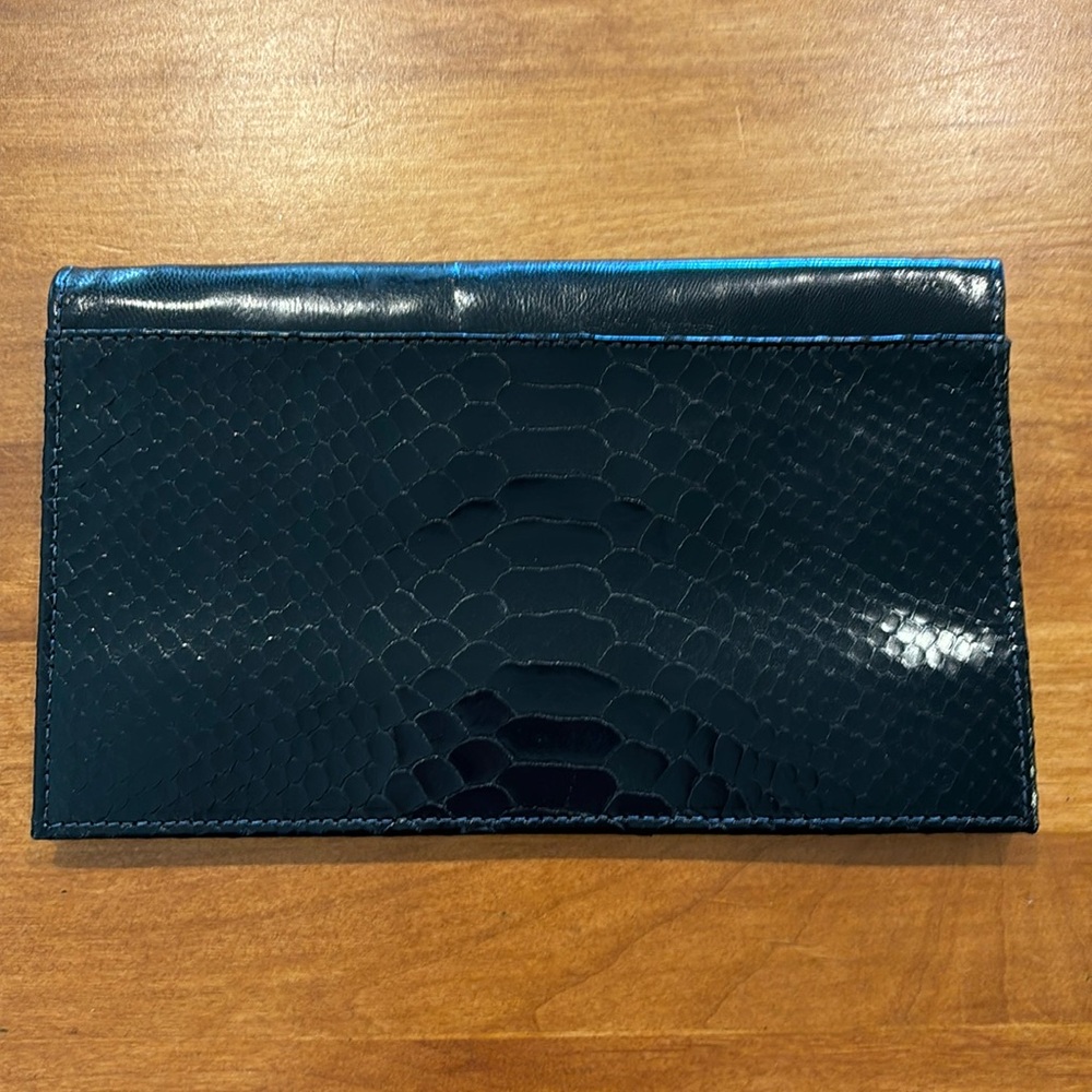 SURLY FLAP CLUTCH BLACK ALLIGATOR EMBOSSED LEATHER SATIN LINED MAGNETIC CLOSURE
